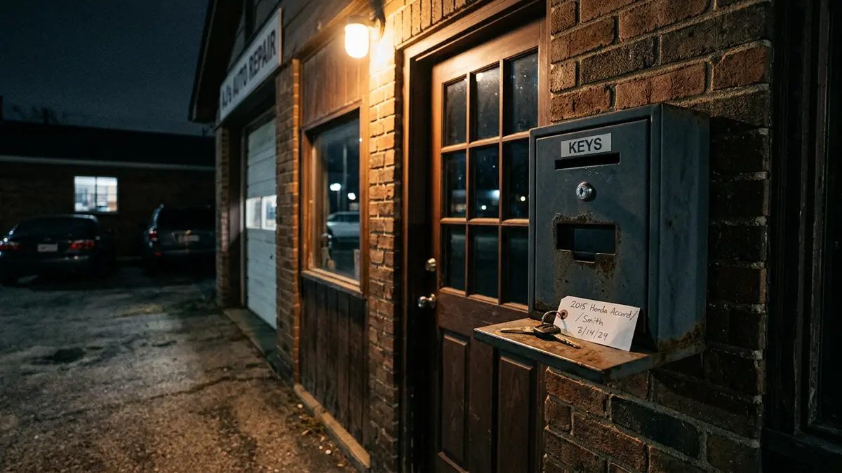 A secure key drop box beside the shop door at night
