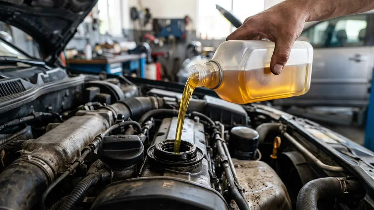 Fresh motor oil being poured into an engine