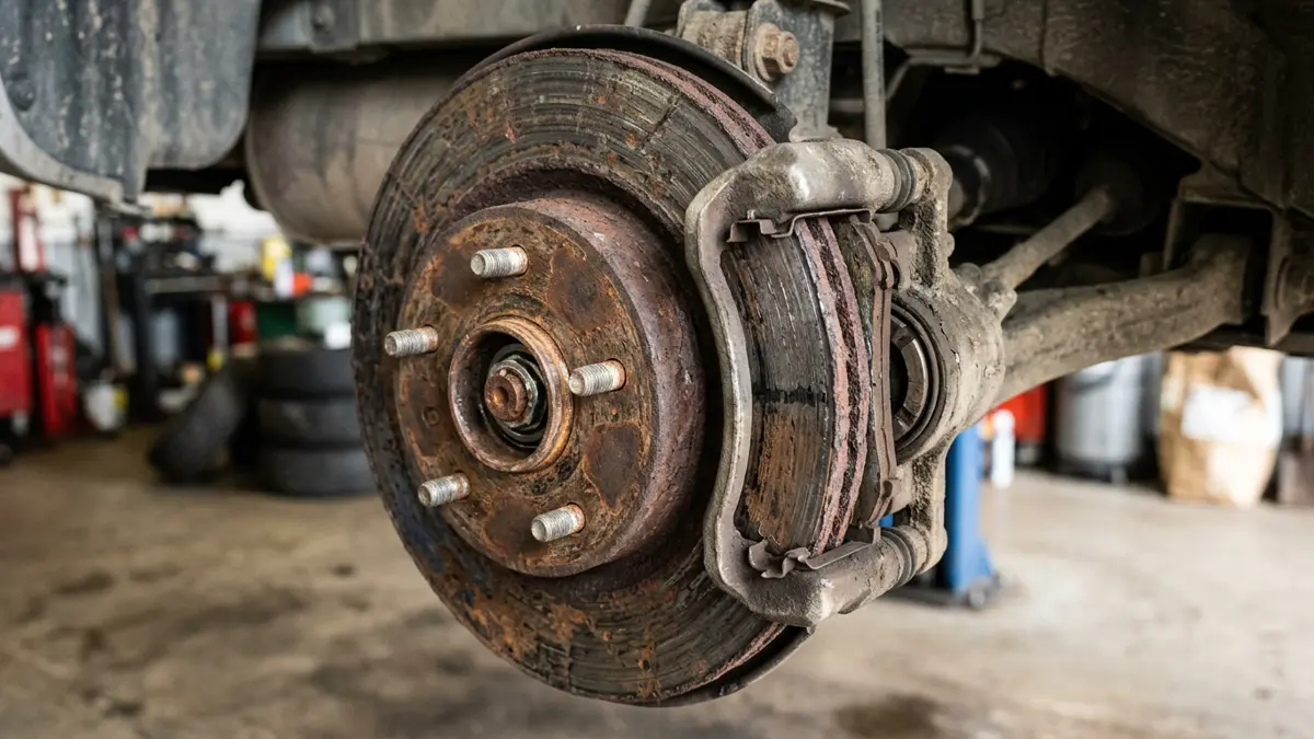 A badly worn and scored brake rotor