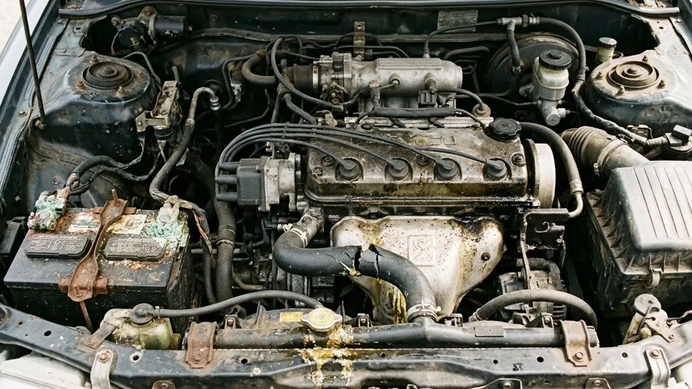 Dirty engine bay with a cracked radiator hose and corroded battery terminals